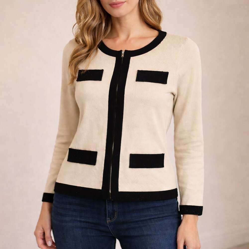 BCBG Maxazria Beaded Cardigan Women’s Large Long Sleeve Beige Knit $180